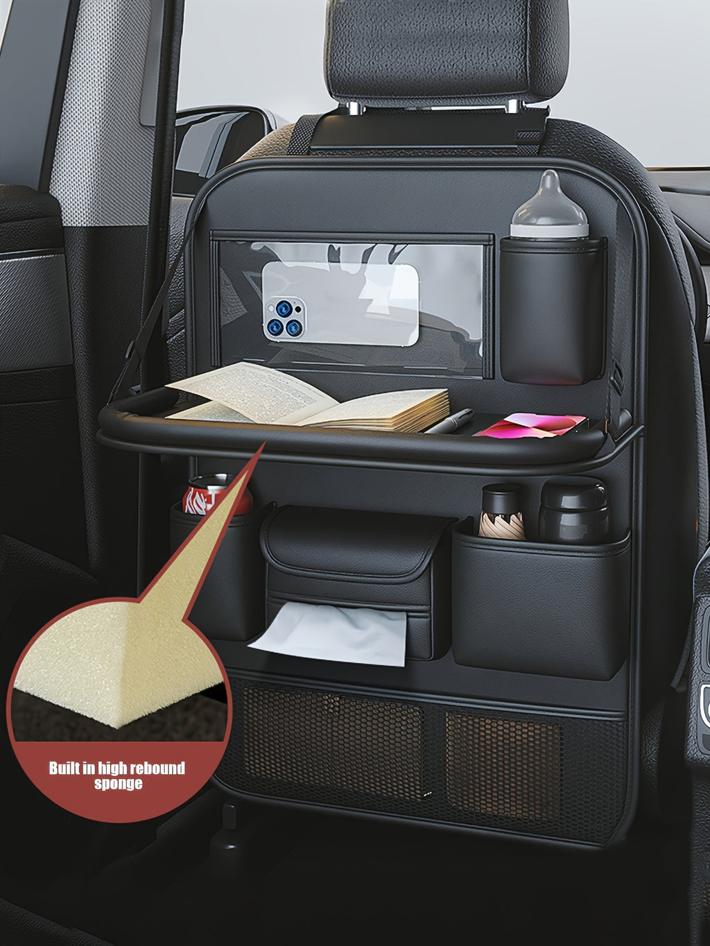 Ling Grid Backrest Storage Bag: Large Capacity, PU Leather, Car Seat Organizer