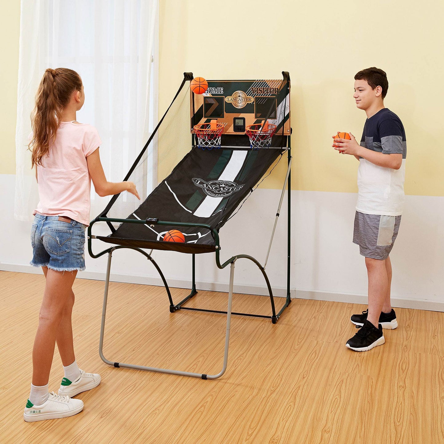 2 Player Indoor Basketball Arcade Game EZ Fold - Dual Hoop Shot Challenge with LED Scoring, 8 Game Modes, 3 Basketballs & Air Pump, Foldable Frame 60x25.5x63 Inch, Home Game Room Family Fun