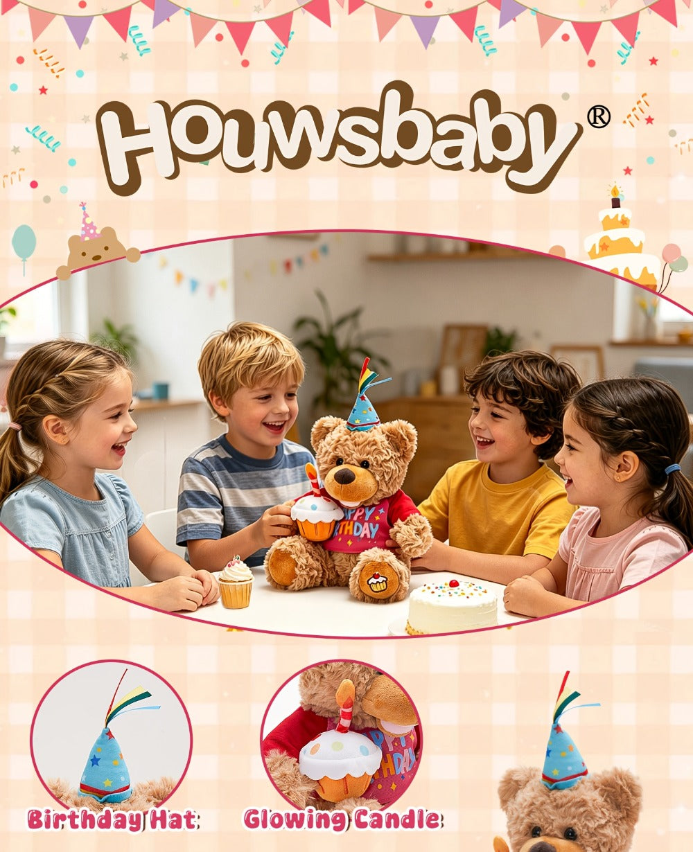 Singing Birthday Teddy Bear Plush Toy 13.5 Inch Interactive Stuffed Animal with Glowing Cupcake Candle Electric Music Bear Gift for Kids Girls Boys Baby Shower Christmas Holiday