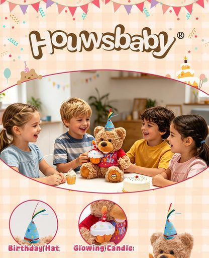 Singing Birthday Teddy Bear Plush Toy 13.5 Inch Interactive Stuffed Animal with Glowing Cupcake Candle Electric Music Bear Gift for Kids Girls Boys Baby Shower Christmas Holiday