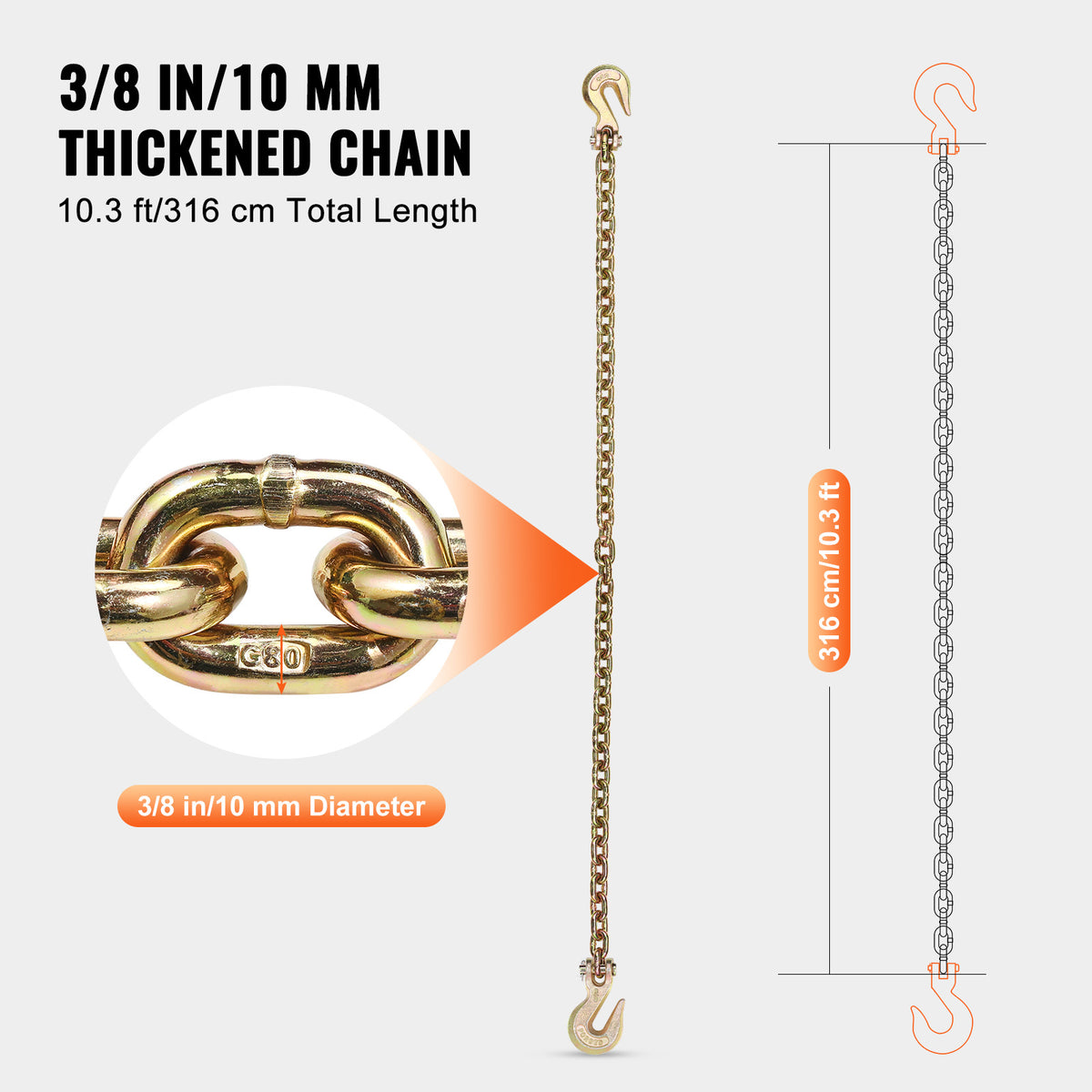 VEVOR Binder Chain G80 Tie Down Tow Chain with Two Hooks 5/16" x 14.2/10.3' 4900 lbs /3/8" x 10.3' 7100 lbs