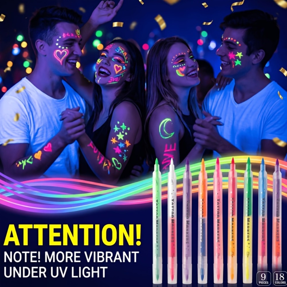 Face Body Paint Pens 18 Colors with Reusable Stencils – Washable Neon Glow in the Dark Skin-Safe Makeup Pens for Kids & Adults Parties Events Magic Shows Halloween Festivals Body Art