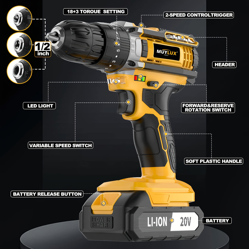 20V Cordless Drill Set, Impact Power Drill with 3/8 Inch Keyless Chuck, 18+3 Clutch Electric Drill with Work Light, Max Torque 45Nm, 2-Variable Speed And 2.0AH Batteries And Fast Charger