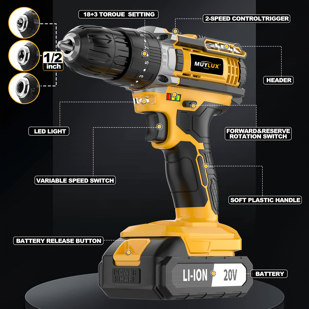 20V Cordless Drill Set, Impact Power Drill with 3/8 Inch Keyless Chuck, 18+3 Clutch Electric Drill with Work Light, Max Torque 45Nm, 2-Variable Speed And 2.0AH Batteries And Fast Charger