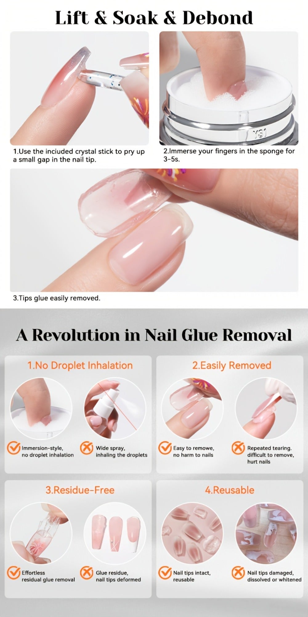 Press On Nail Debonder Remover 80ml — Fast 3-5 Second Soak-Off Liquid for False Tips, Rhinestone Glue Remover, No Damage Easy Dissolve, Professional Nail Care Tool for Women Home Salon