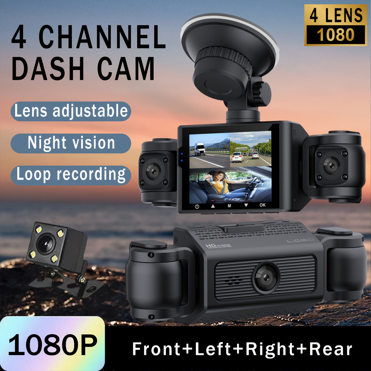 BCUOZ 360° Panoramic 4-Channel 1080P HD Ultimate Safety Dash Cam Kit, 1080P Front And 720P Rear/Left/Right Full Coverage, Four Views Displayed Simultaneously, IR HD Night Vision, WDR, G-Sensor, Loop Recording - Auto Parts/Car Dashboard Camera/Safety