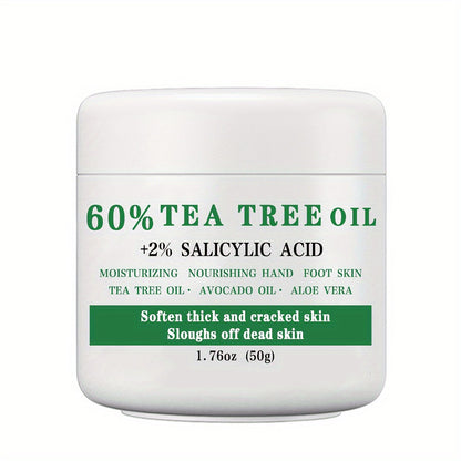 Tea Tree Oil Foot Cream 50g - 60% Tea Tree Oil & 2% Salicylic Acid Foot Balm for Dry Cracked Heels & Calluses, Aloe Vera & Mint Cooling Nourishing Foot Care Treatment
