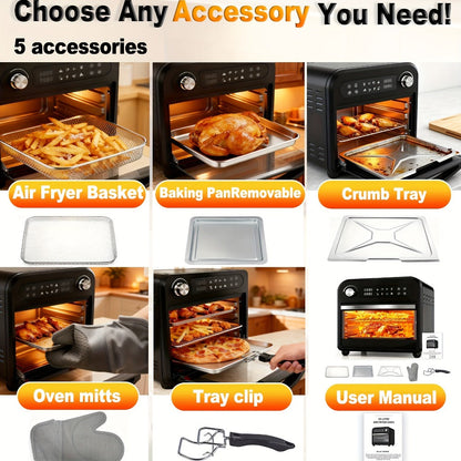 Air Fryer Toaster Oven Combo 15QT Extra Large, 360° Convection, LED Digital Display, Precise Temperature Control – Stainless Steel Interior, 5 Accessories, Healthy Low-Oil Cooking for Family Kitchen