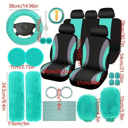 Car Interior Accessories Set for Women 45-Piece – Plush Steering Wheel Cover, Seat Cushion & Pendant, Universal Fit All Seasons, Available in Red, Black, Blue, Pink, Purple & More