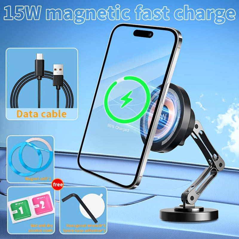 Magnetic Car Phone Mount 15W Wireless Charging – 360° Rotation, Foldable Stand, Super Magnetic Grip, Universal Fit for iPhone 12+ & Android Smartphones, No Battery Required