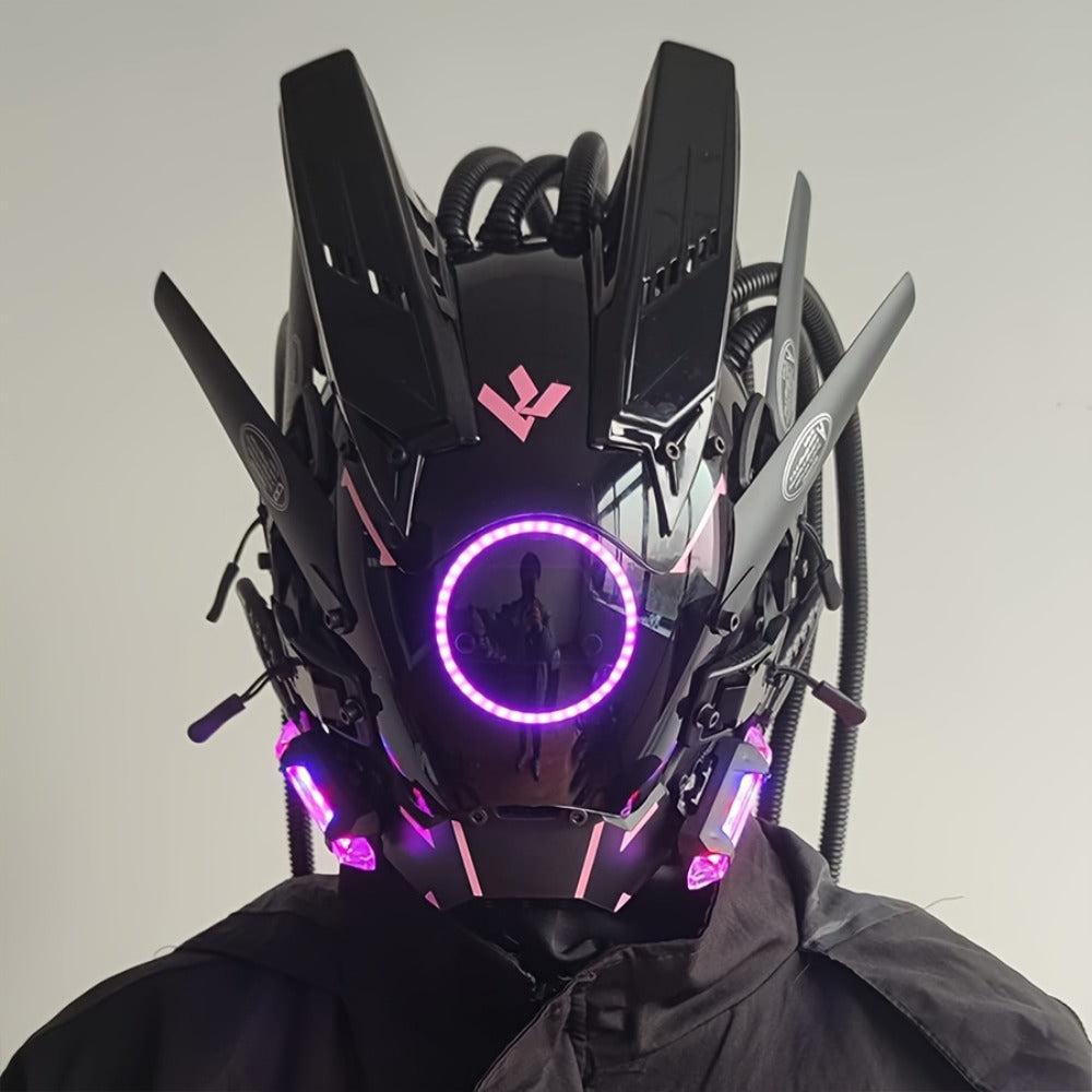 LED Cyberpunk Samurai Mask with Braids – Futuristic Sci-Fi Mechanical Face Mask for Halloween, Cosplay, Music Festival & Rave Party, Blue Green Pink, Free Helmet Included, Adult Gift