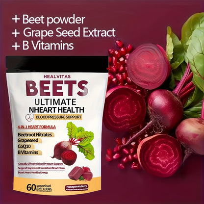 Super Beet Chewable Gummies with CoQ10 Grape Seed Extract & B Vitamins — 4-in-1 Blood Pressure Heart Health Circulation & Energy Support for Women and Men | 60 120 or 180 Count