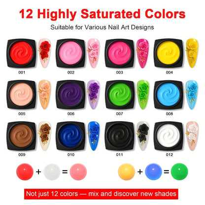 Nail Sculpting Gel Kit 3D 4D 12 Colors with Carving Pen — Firm Non-Sticky Soak-Off Sculpture Gel for Flowers, Leaves, Geometric Designs & Nail Extensions | UV LED DIY & Salon Nail Art for Women