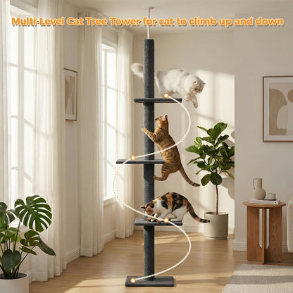 Floor to Ceiling Cat Tree Tower 90–107" – 4-Tier Tall Adjustable Cat Climbing Post with Tension Rod | Ceiling-Mounted Stable Cat Activity Center for Indoor Cats, Multiple Colors