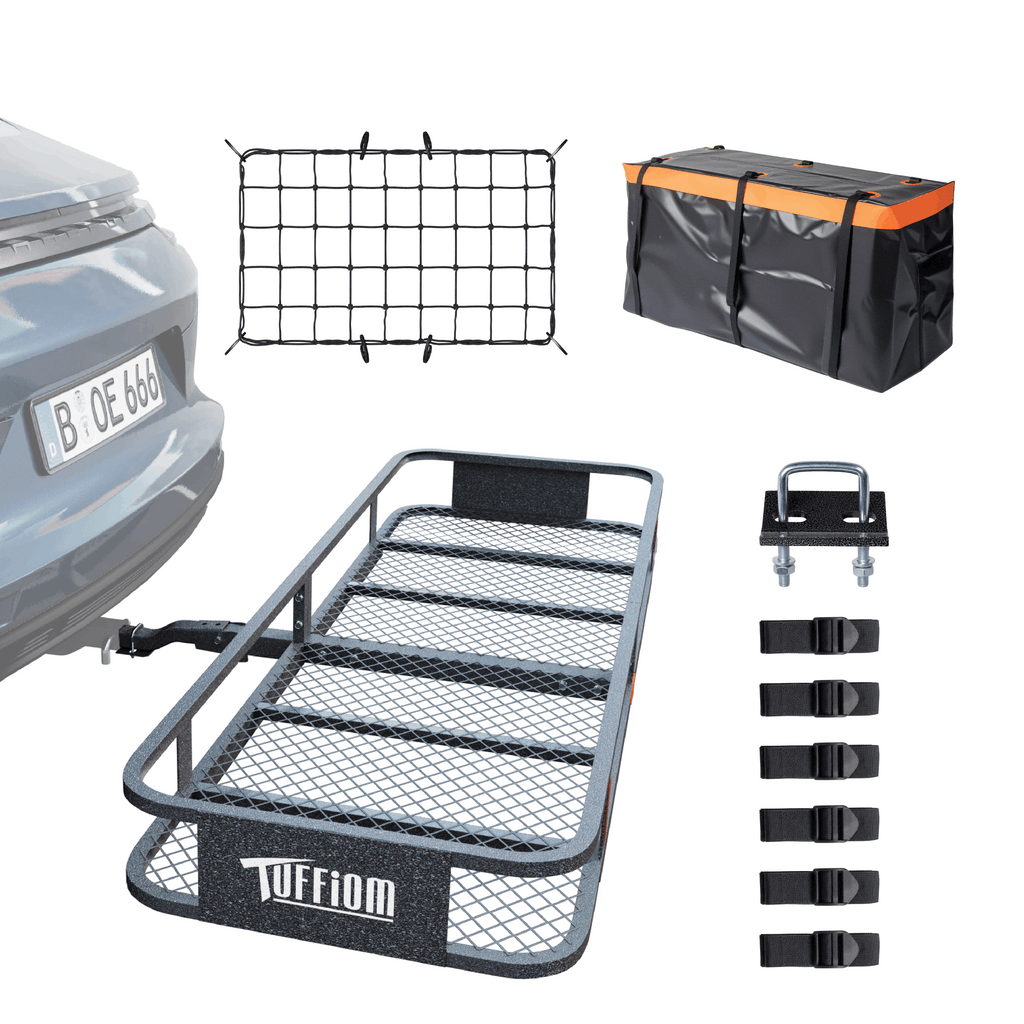 60" L x 20/24" W x 6" H Hitch Mount Cargo Carrier Folding Rack, 500lbs Heavy Duty Trailer Steel Luggage Basket with Waterproof Cargo Bag, Straps, Net & Stabilizer for Camping Travel