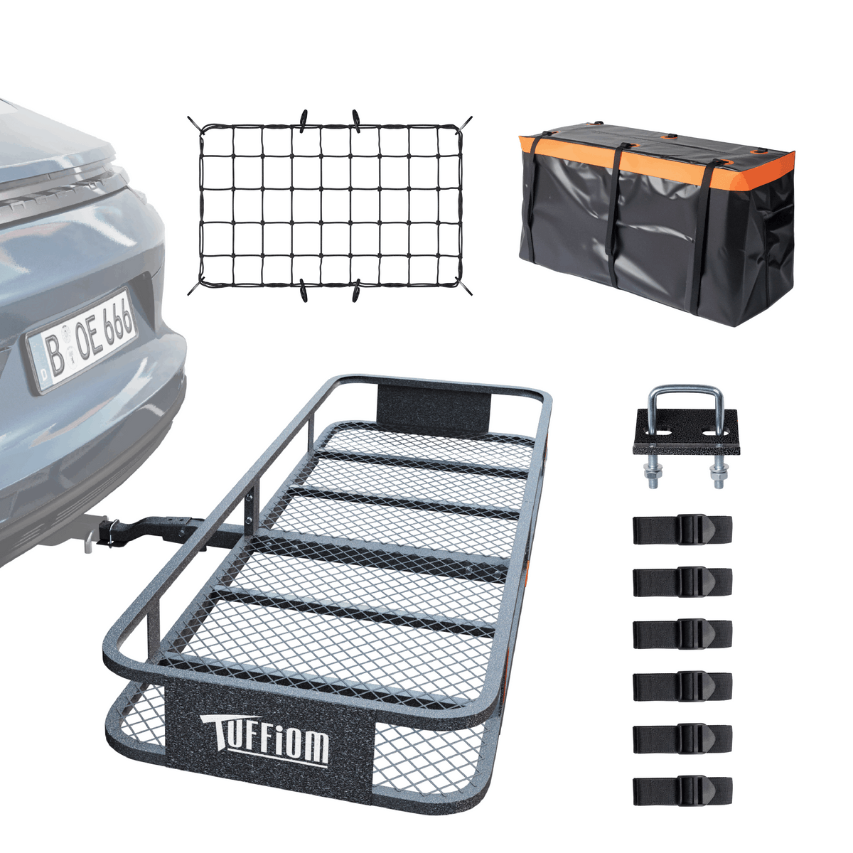 60" L x 20/24" W x 6" H Hitch Mount Cargo Carrier Folding Rack, 500lbs Heavy Duty Trailer Steel Luggage Basket with Waterproof Cargo Bag, Straps, Net & Stabilizer for Camping Travel