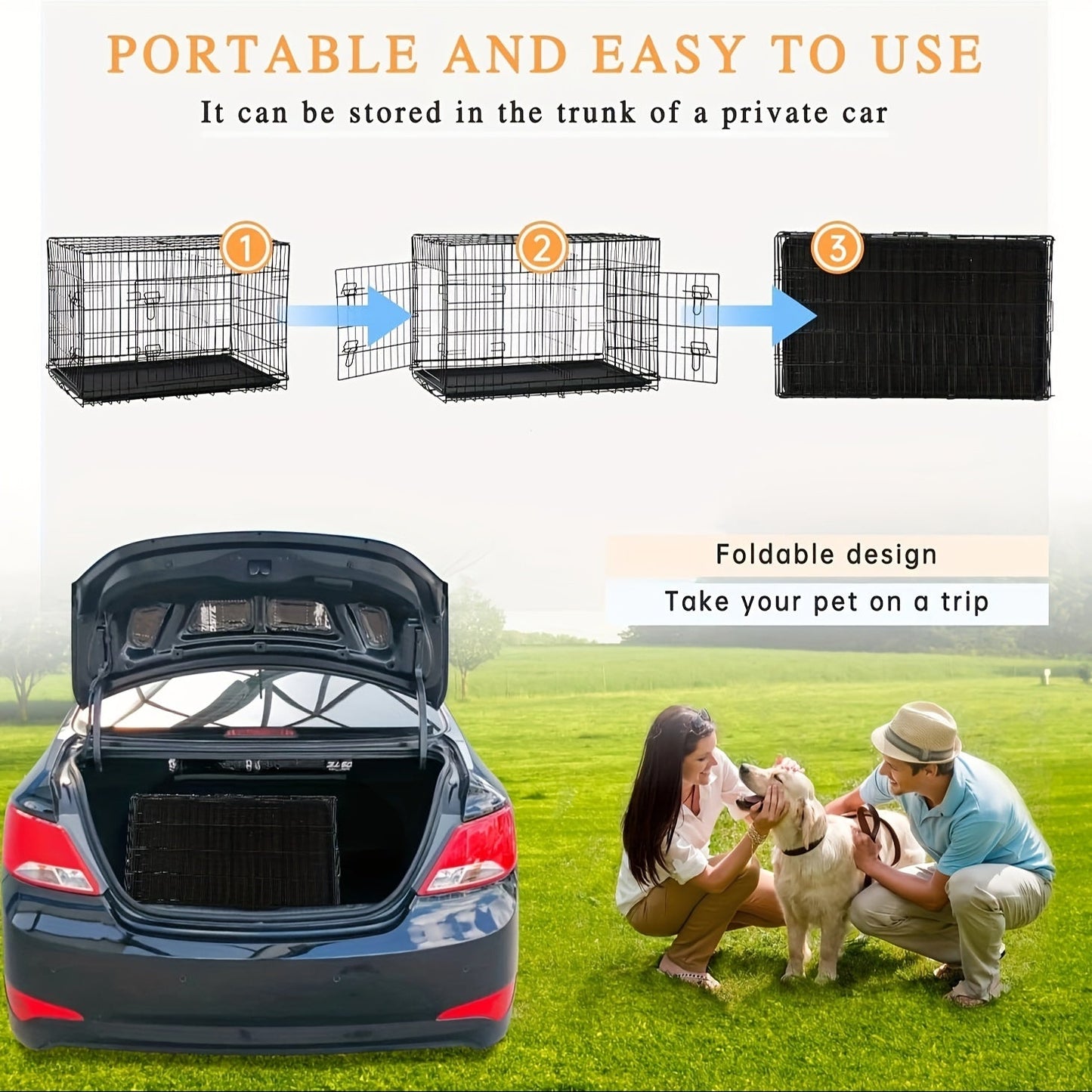 Dog Crate Double Door Folding Metal Cage with Divider & Leak-Proof Tray – 42 & 48 Inch Wire Kennel for Puppies, Medium & Large Dogs, Portable Indoor Outdoor Pet Crate, 3 Colors