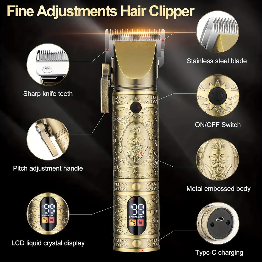 Cordless Hair Clipper & Trimmer Kit for Men — Professional Rechargeable Grooming Set, Golden Edition, Wireless Fade Clipper with USB Charge, Ideal Gift for Men