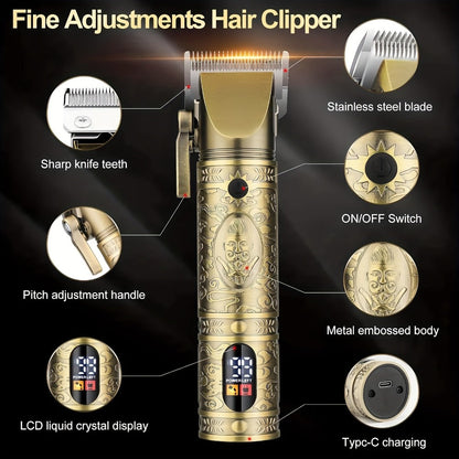 Cordless Hair Clipper & Trimmer Kit for Men — Professional Rechargeable Grooming Set, Golden Edition, Wireless Fade Clipper with USB Charge, Ideal Gift for Men