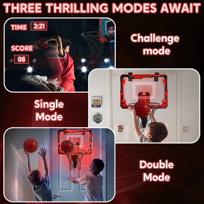 Indoor Basketball Hoop for Kids Over the Door – Light Up LED Scoreboard 4 Balls Air Pump 3 Game Modes 7 Light Shows, Active Sport Toy Gift for Boys Girls Ages 3 to 14 (Red)