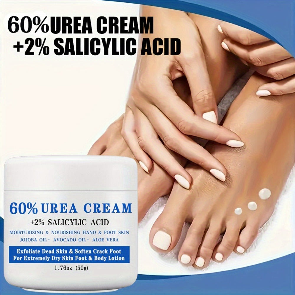 Urea Foot Cream 60% with 2% Salicylic Acid Deep Moisturizing Exfoliating Heel & Hand Lotion – Softens Dry Cracked Skin, Jojoba & Avocado Oil, Hypoallergenic 1.76oz