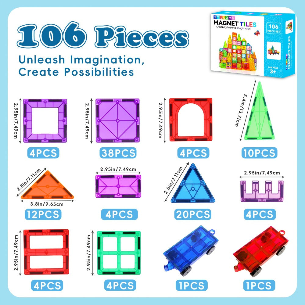 Magnetic Tiles for Kids 106/136pcs with 2 Toy Cars – STEM Approved Educational Magnet Building Blocks Set Stacking Puzzle Toy for Boys & Girls Ages 3+, Best Birthday Christmas Holiday Gift