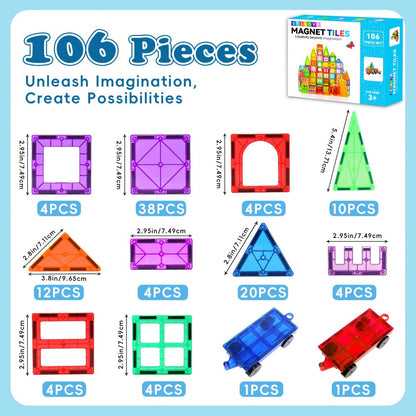 Magnetic Tiles for Kids 106/136pcs with 2 Toy Cars – STEM Approved Educational Magnet Building Blocks Set Stacking Puzzle Toy for Boys & Girls Ages 3+, Best Birthday Christmas Holiday Gift