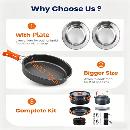 Camping Cookware Mess Kit 8 & 14 Piece – Portable Non-Stick Aluminum Alloy Camp Kitchen Set with Kettle, Pot, Frying Pan, Plates, Forks, Knives & Spoons for Backpacking, Hiking & Outdoor Cooking