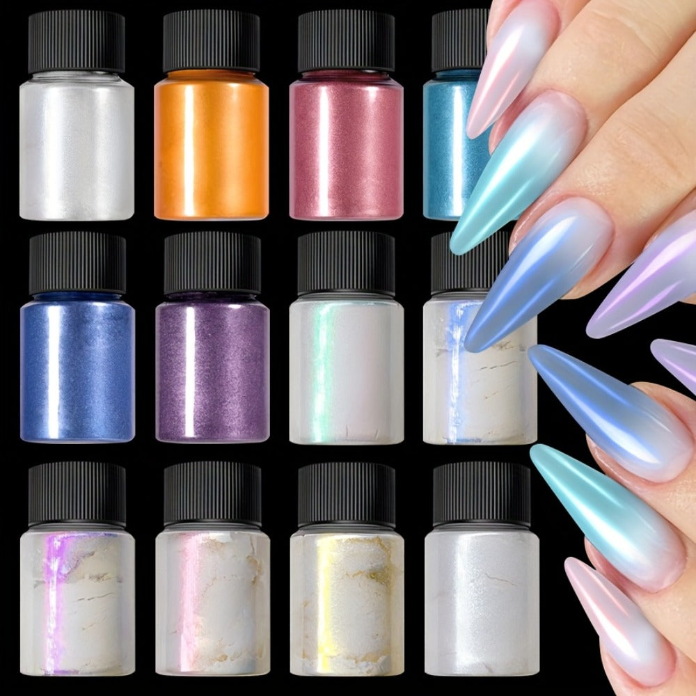 Aurora Nail Powder 12 Colors Chrome Pearl Glitter Neon Dust Holographic Iridescent Pigment Set for Chrome Nail Art Dipping Powder Decoration Nail Charms Gel Acrylic