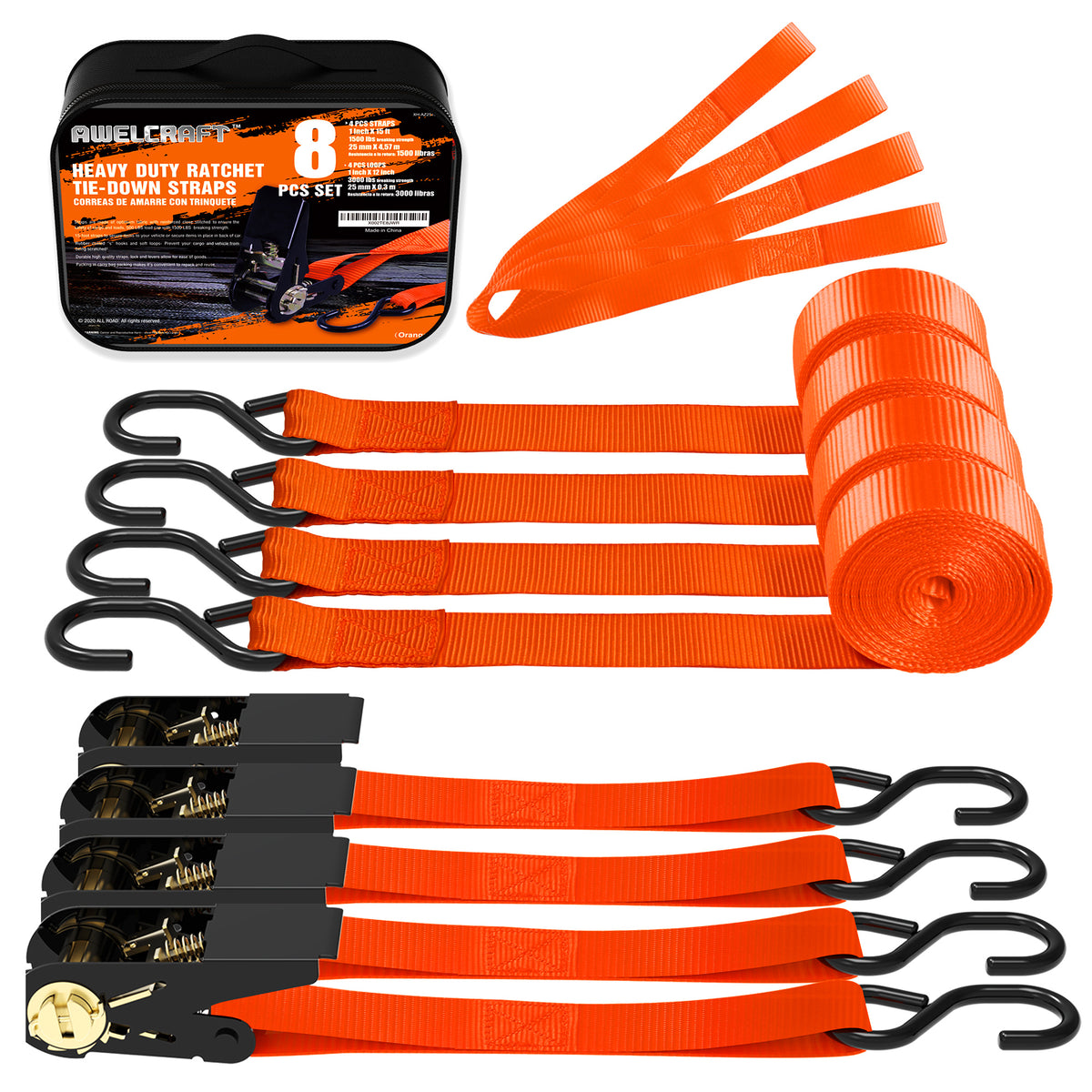 4-Pack Ratchet Tie Down Straps with 4 Soft Loops – 15FT, 1500 lbs Breaking Strength, Heavy Duty for Moving, Motorcycle, Lawn Gear, Multi-Color (Orange, Blue, Camo, Green, Red, Yellow)