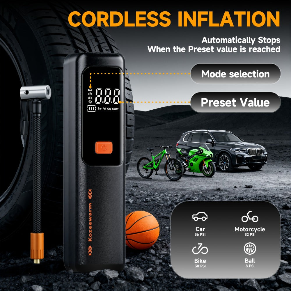 Cordless Tire Inflator Portable Air Compressor – USB-C Rechargeable, Digital Gauge, 3X Fast Inflation for Car Tires, Bikes, Motorcycles & Sports Balls