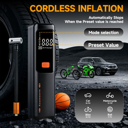 Cordless Tire Inflator Portable Air Compressor – USB-C Rechargeable, Digital Gauge, 3X Fast Inflation for Car Tires, Bikes, Motorcycles & Sports Balls