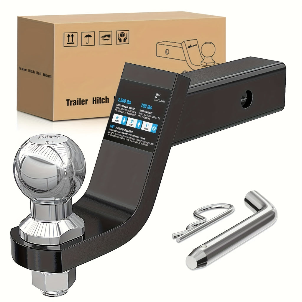Trailer Hitch Mount with 2In Ball And 5/8In Hitch Pin, Solid Steel Trailer Hitch Ball Fits 2 Inch Receiver, 4-Inch Drop, 7500Lbs Capacity Ball Hitch, Black