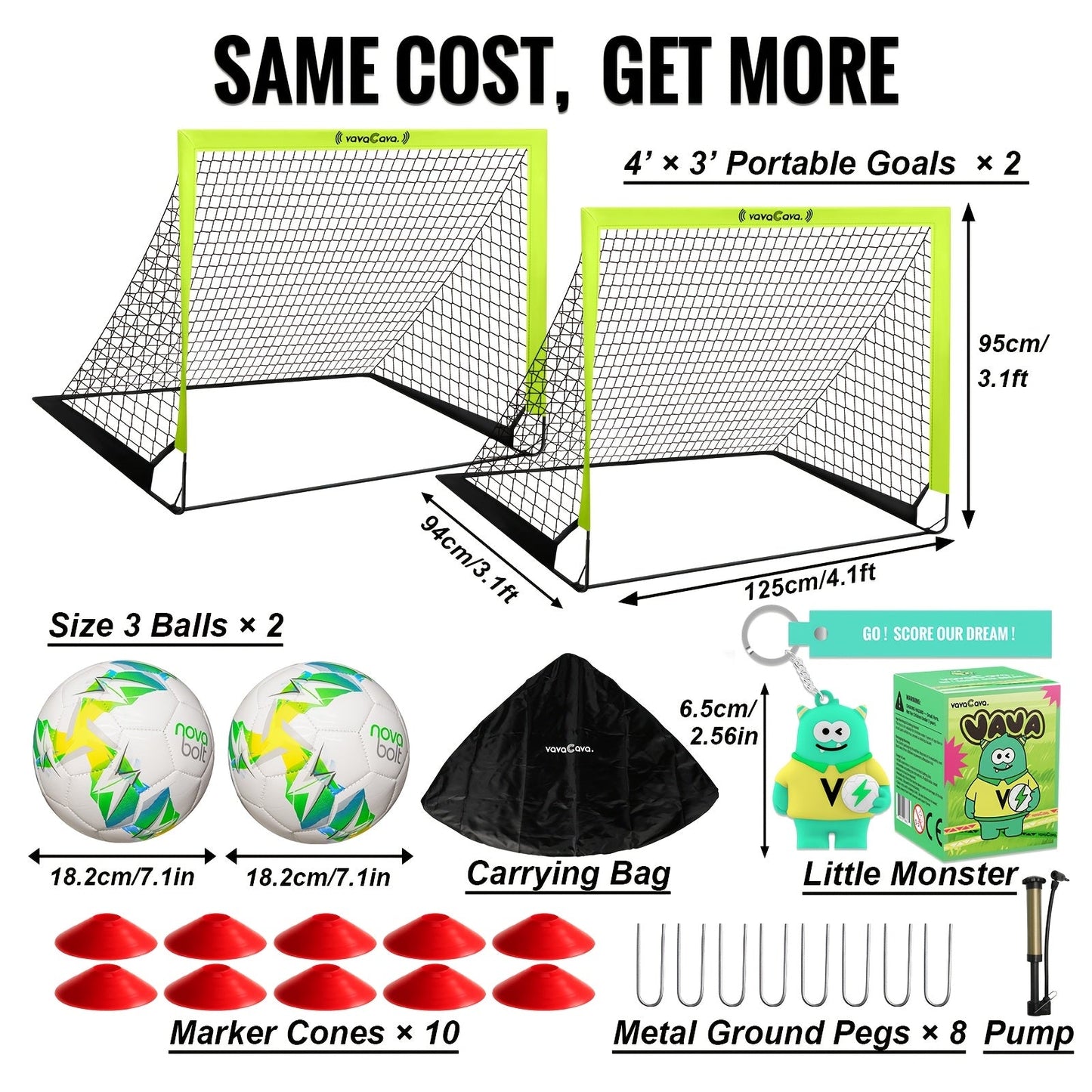 VavaCava Portable Soccer Goals 2-Pack 4'x3' – Pop-Up Net, 2 Balls, Pump & Carry Bag, Indoor Outdoor Backyard