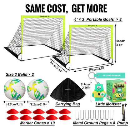 VavaCava Portable Soccer Goals 2-Pack 4'x3' – Pop-Up Net, 2 Balls, Pump & Carry Bag, Indoor Outdoor Backyard