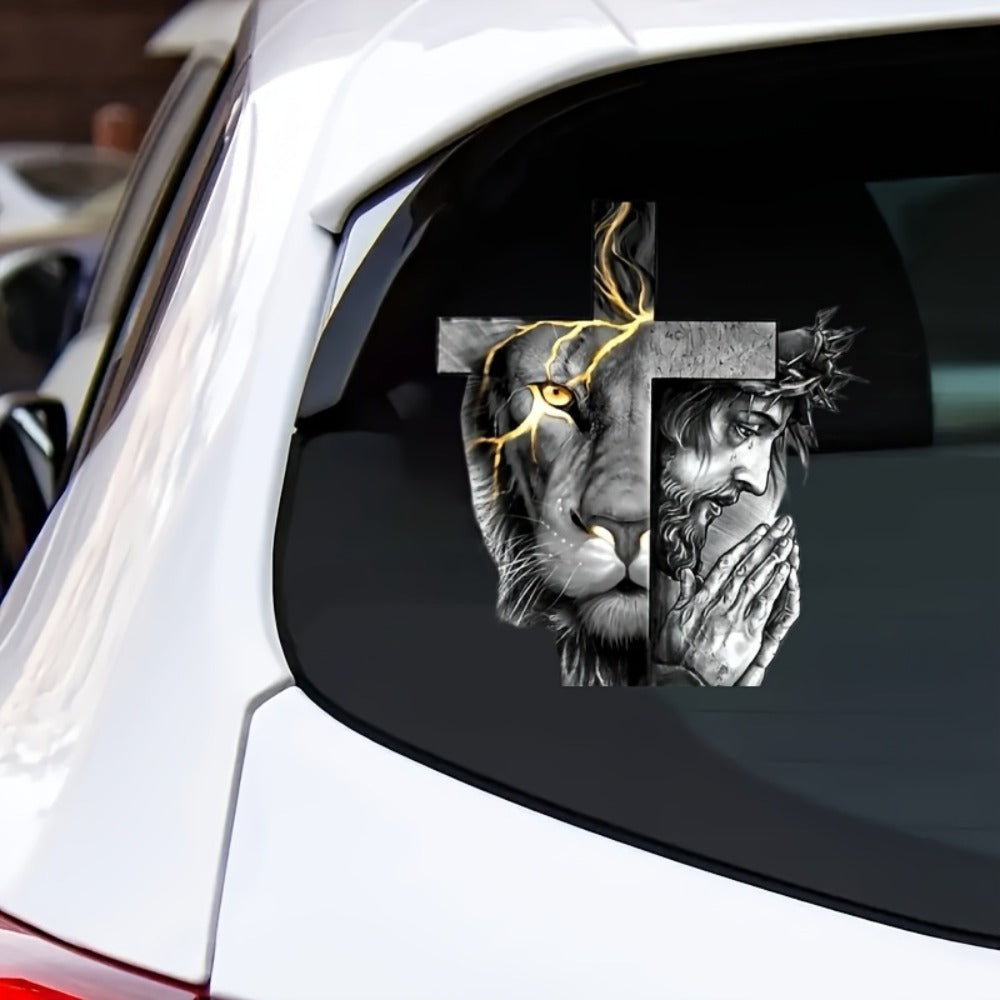 Christmas Lion Cross Stickers 2PCS - Vinyl Decals for Car Bumper, Window, Laptop, Wall Art, Truck, SUV, Guitar & More