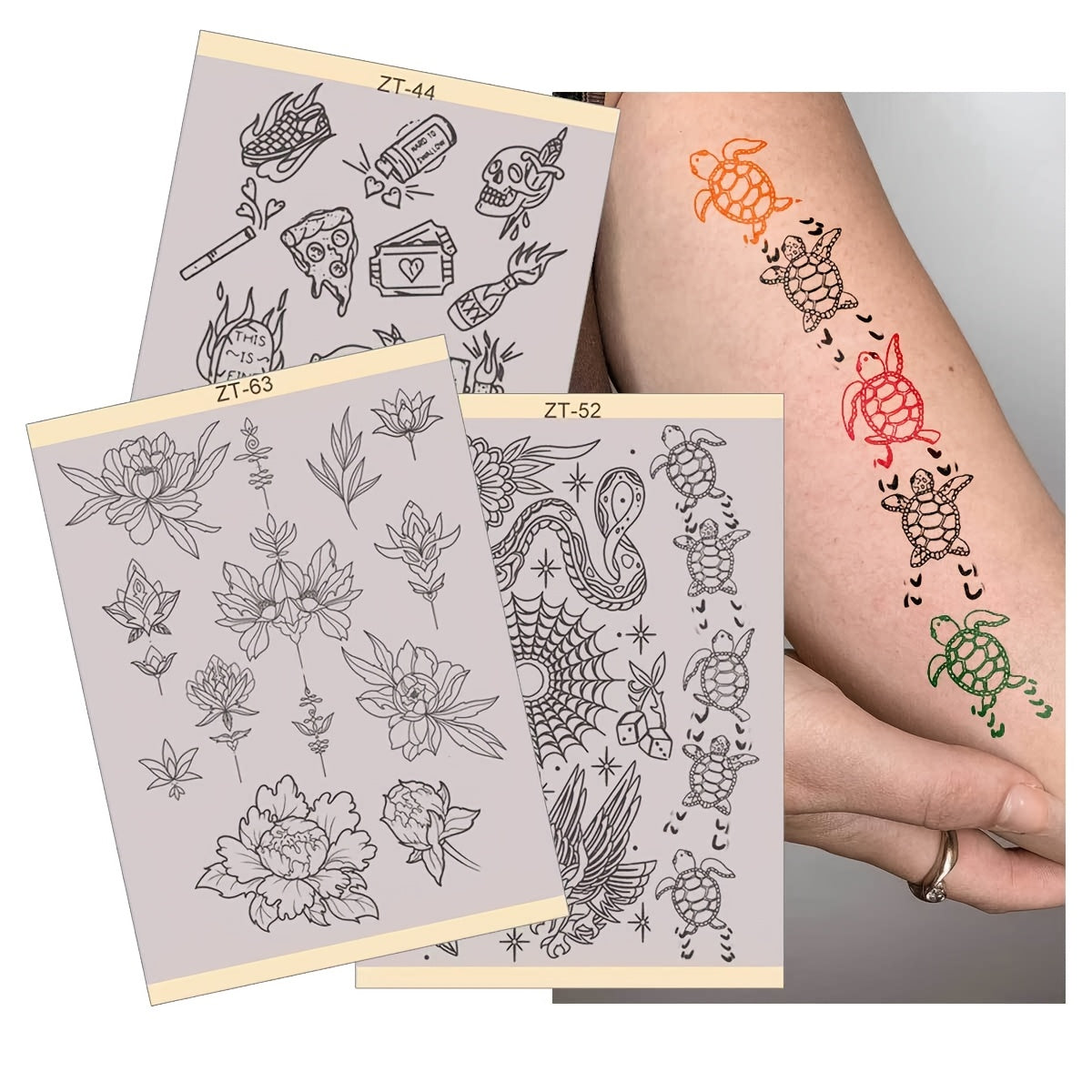 Tattoo Transfer Paper 3 Sheets – Pre-Drawn Stencils with Floral, Paisley, Spiderweb, Snake & Pizza Designs – A4 Size Body Art Stencil Kit for Beginners & Pros, No Electricity Needed
