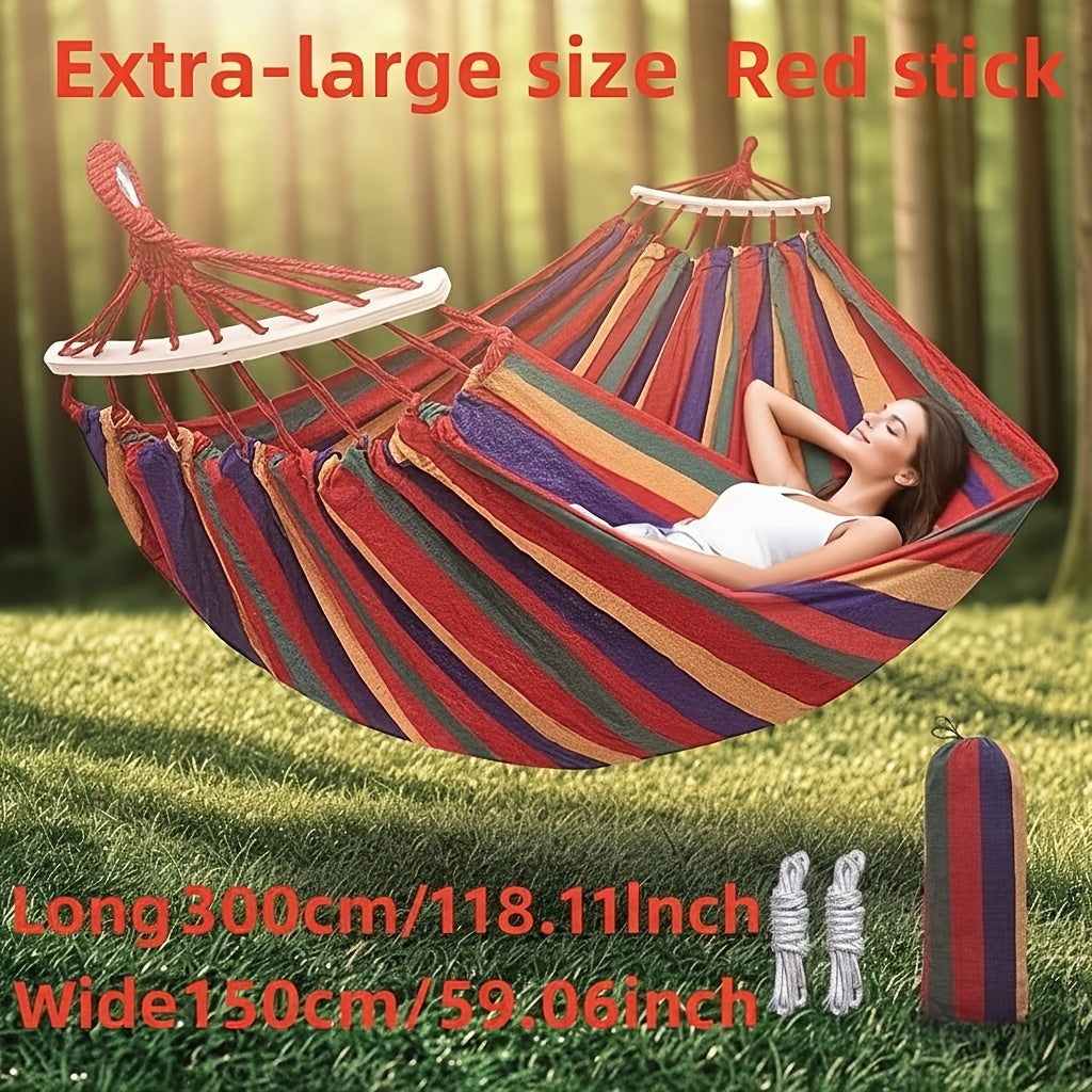 Outdoor Woven Hammock with Wooden Spreader Bar – Thickened Nylon Rope, Single or Double Size – Hanging Chair Swing Bed for Garden, Courtyard, Park & Balcony (No Frame Included)