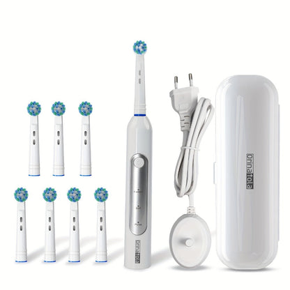 Rotating Electric Toothbrush with 8 Replacement Heads – Wireless Induction Charging, 3 Cleaning Modes, IPX7 Waterproof, Oral Care Gift for Family, Friends & Parents – Blue, Purple, Black