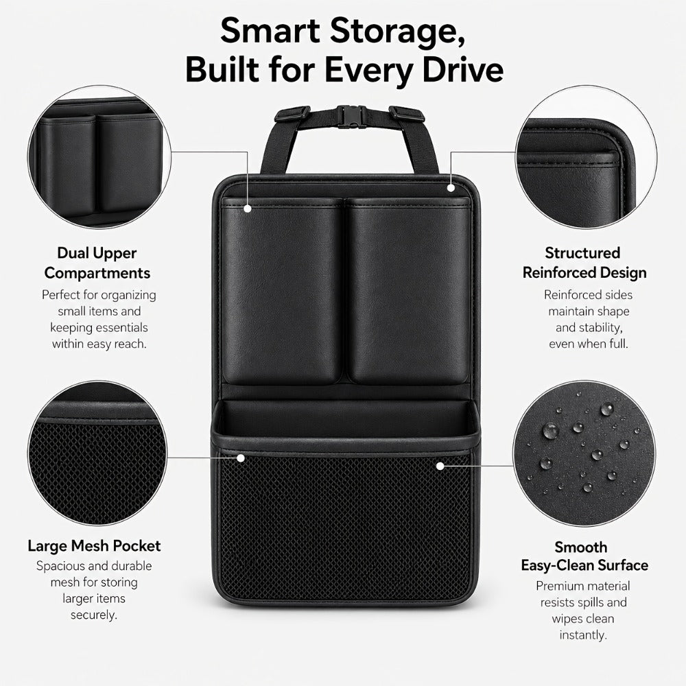 PU Leather Car Trunk Organizer – Multi-Pocket Storage Bag with Adjustable Straps & Bottle Slots – Collapsible SUV Cargo Organizer for Travel & Auto Organization