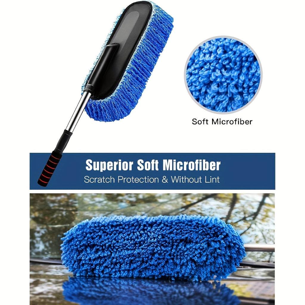 Car Cleaning Brush, Car Duster Exterior Scratch Free Microfiber, Handle Pollen and Dust Brush for Truck, SUV, Vehicles and Home Cleaning, Blue