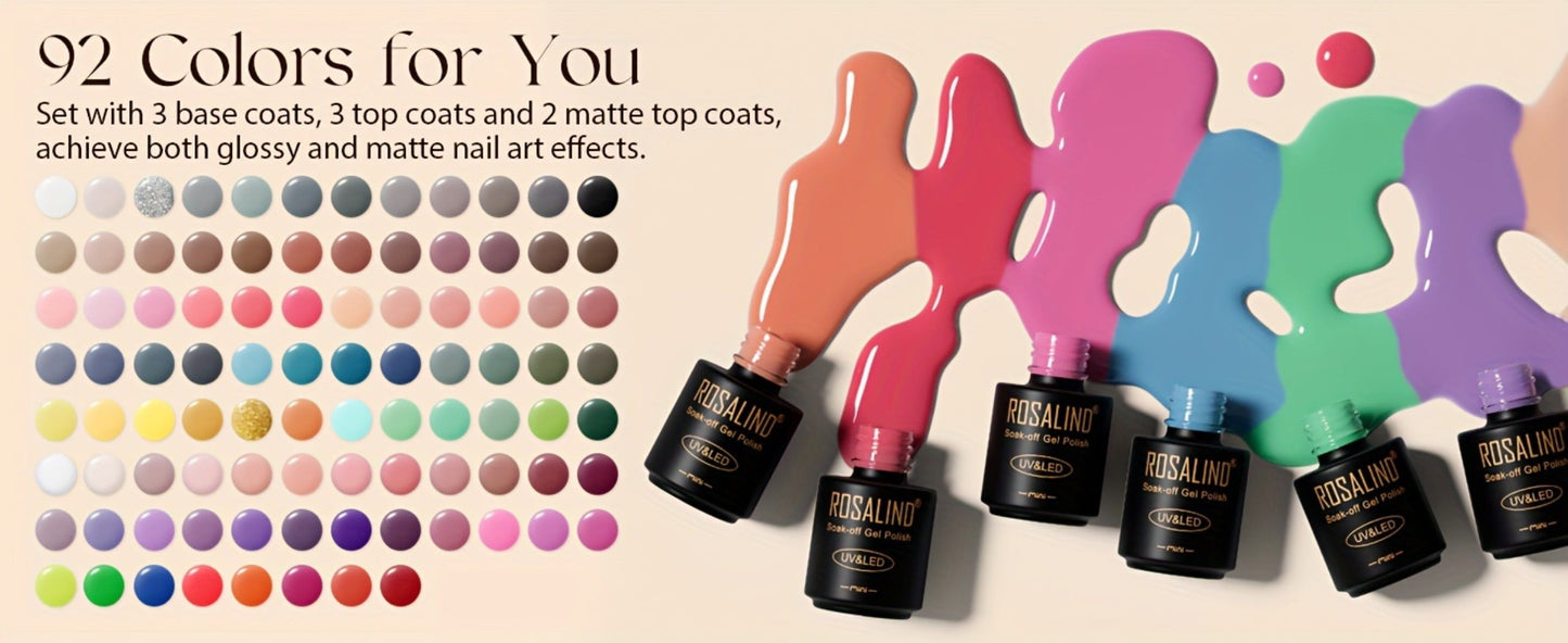 Gel Nail Polish Set 92 Colors 100-Piece Complete Kit – Soak-Off Gel Polish with Base Coat Glossy & Matte Top Coat, All-Season UV/LED Curable Nail Art Collection for Salon & Home Women by ROSALIND
