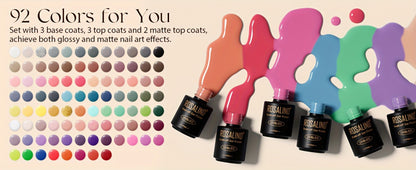 Gel Nail Polish Set 92 Colors 100-Piece Complete Kit – Soak-Off Gel Polish with Base Coat Glossy & Matte Top Coat, All-Season UV/LED Curable Nail Art Collection for Salon & Home Women by ROSALIND