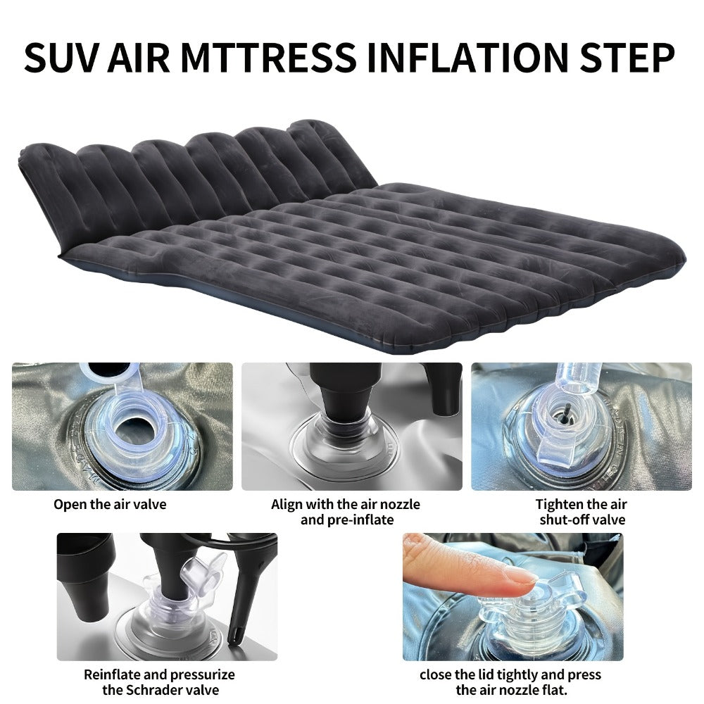 SUV Air Mattress for Camping Inflatable Car Bed with Air Pump 2 Pillows Flocking Surface Portable Sleeping Pad for SUV Backseat Road Trip Family Travel, Black