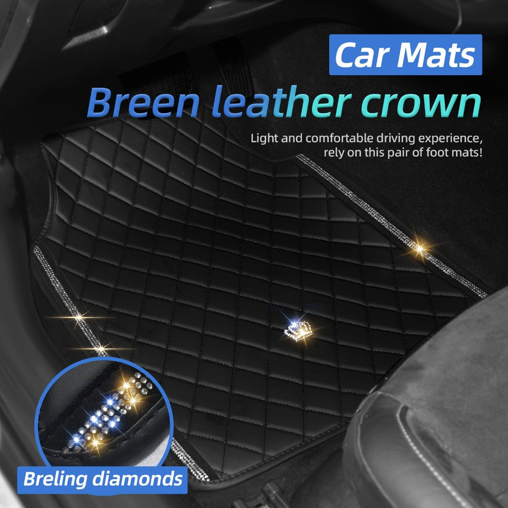 Luxury Car Floor Mats PU Leather Rhinestone Crown Embroidery – Glitter 3D Embossed Foot Pad, Easy Clean, Unisex, Red & Black