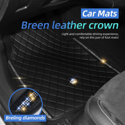 Luxury Car Floor Mats PU Leather Rhinestone Crown Embroidery – Glitter 3D Embossed Foot Pad, Easy Clean, Unisex, Red & Black