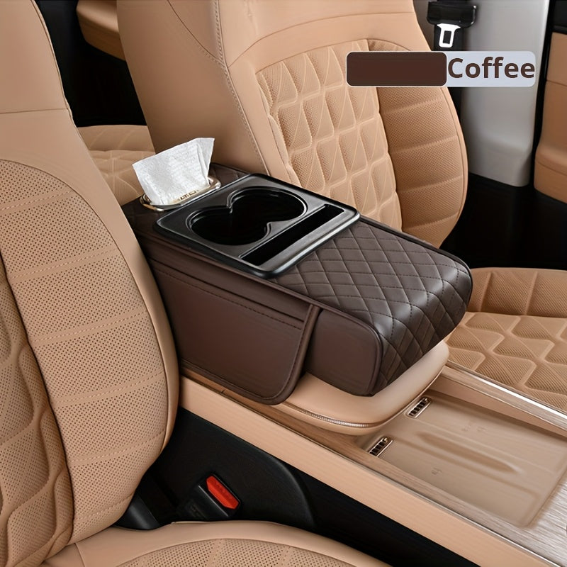 [PU Leather Console Mat] Universal Car Armrest Box Cover, PU Leather Center Console Mat With 2 Side Pockets + 2 Cup Holders, Multi-Functional Storage For Phone/Water Bottle/Cards, Fits Most Car Models, Tissue Box Replacement 3pcs Set-1