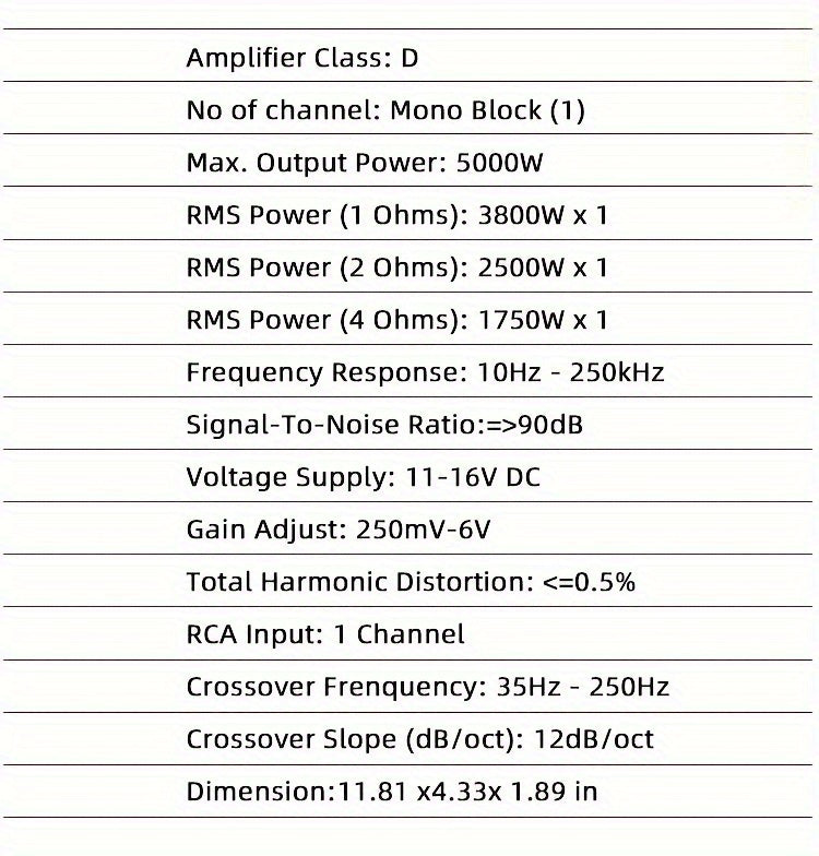 Keluneglo 5000W Max Power Monoblock Class D Car Amplifier - 3800W RMS Super Output at 1 Ohm - 10Hz to 250Hz Frequency Response - 96Db+ Higher SNR - 0.05% Lower THD - 11-16V Voltage Supply - RCA Input - Crossover Frequency & Slope Adjustable - Perfec