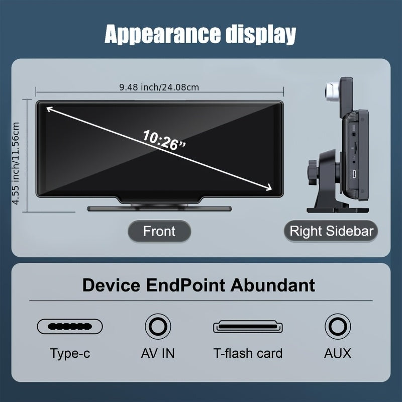 10.26 Inch 4K Ultra HD/7 Inch 1080P Portable Car Stereo with Wireless Carplay Screen, Carplay Radio Touchscreen, Car Video Players for Any Car, Without Battery