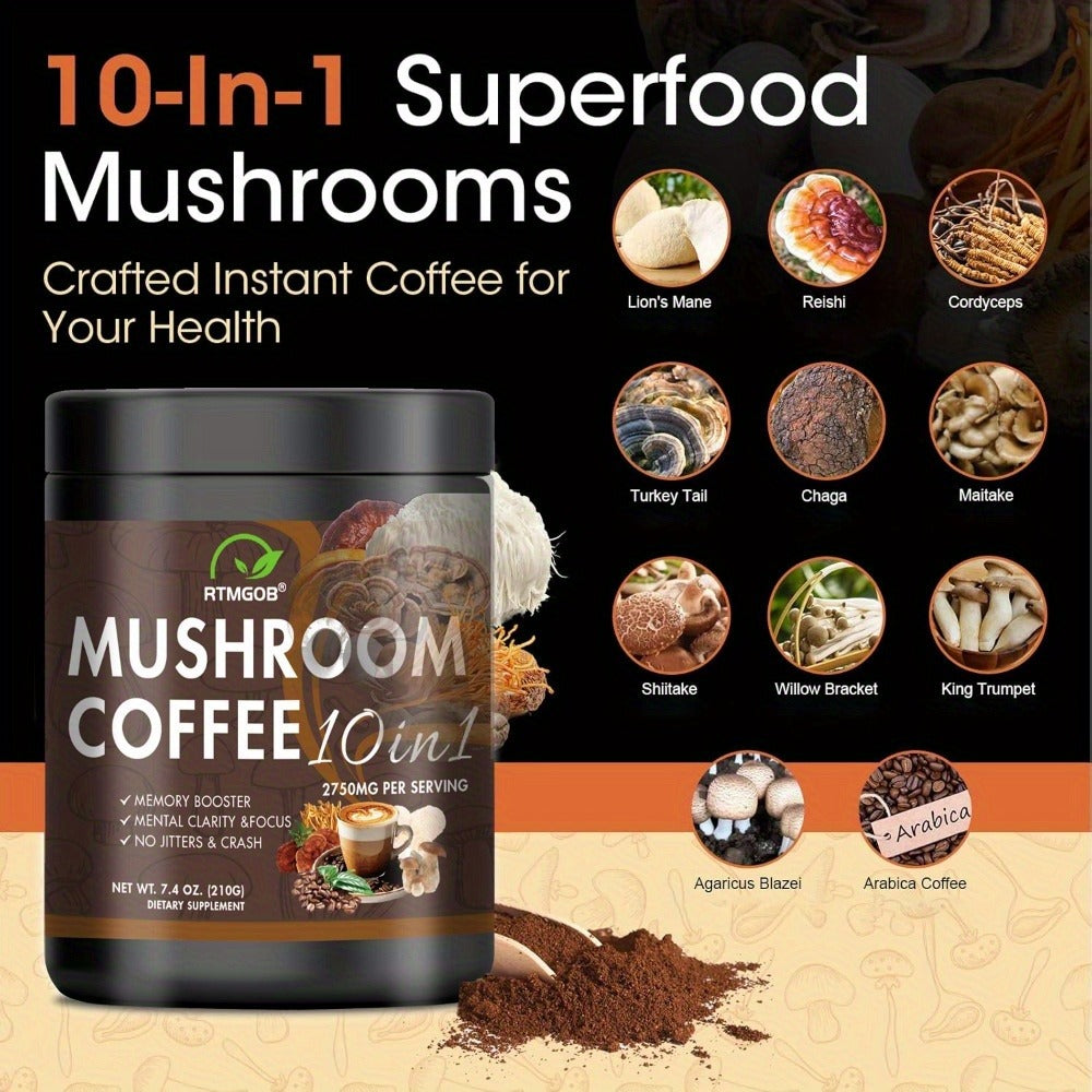 Mushroom Coffee Blend Powder 210g – Instant Coffee with Lion's Mane, Reishi, Cordyceps, Chaga & Chanterelle | 5-Mushroom Functional Coffee for Focus, Energy & Immune Support | Great Wellness Gift